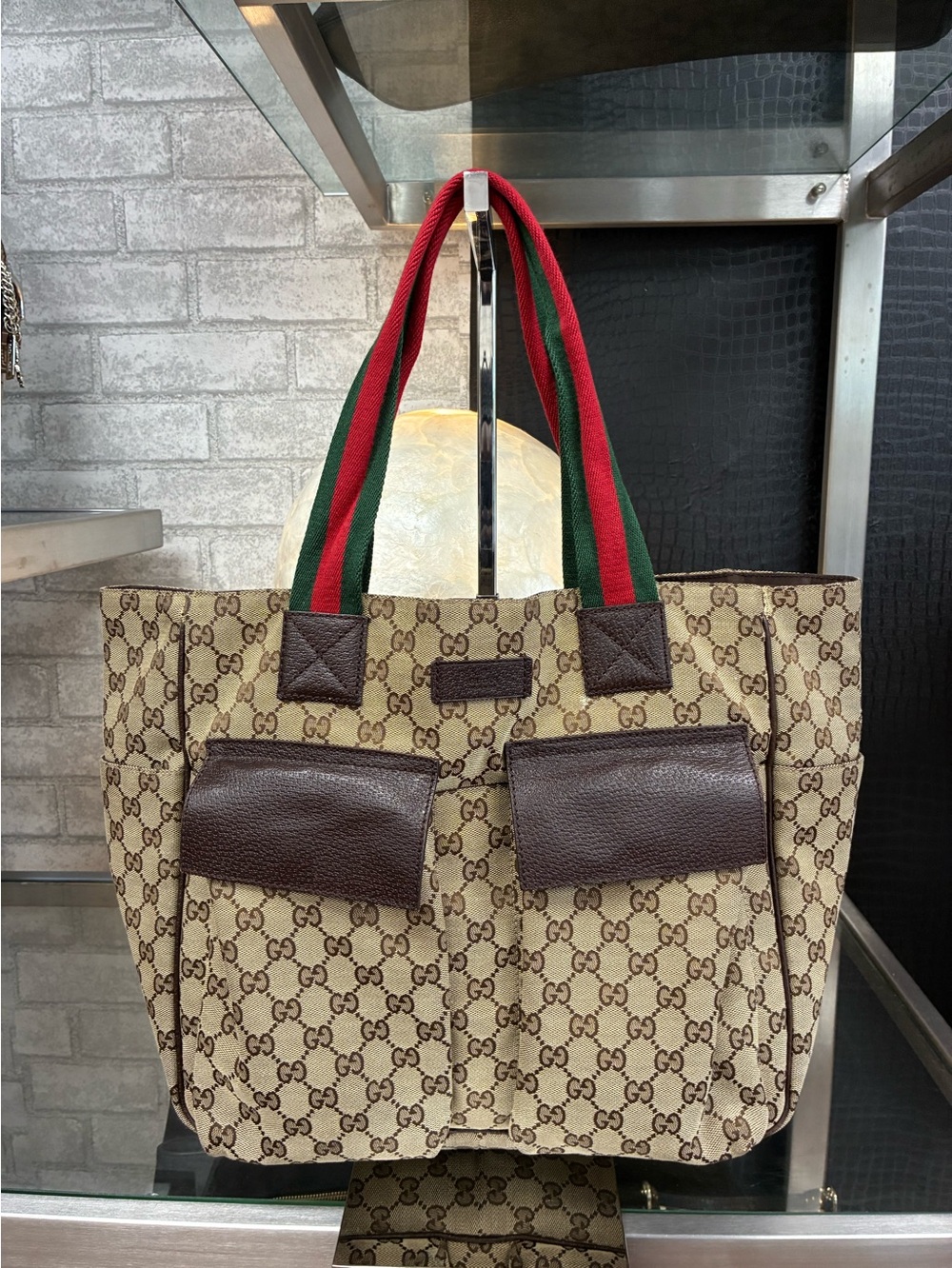 Gucci Beige GG Canvas Tote with Brown Trim and Red & Green Web Straps